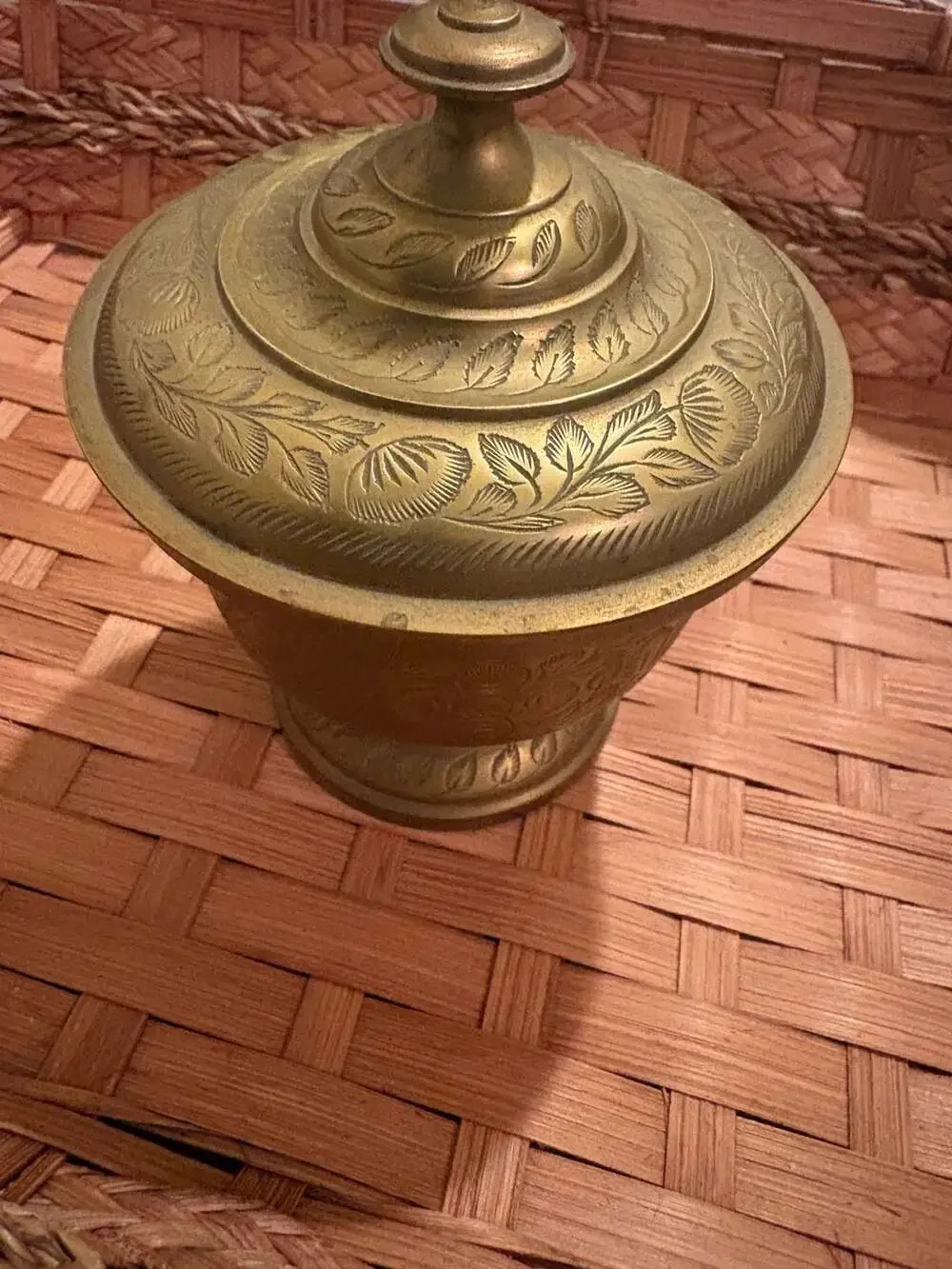 Vintage Hand-Engraved Solid Brass Pedestal Lidded Bowl Jar Made in India